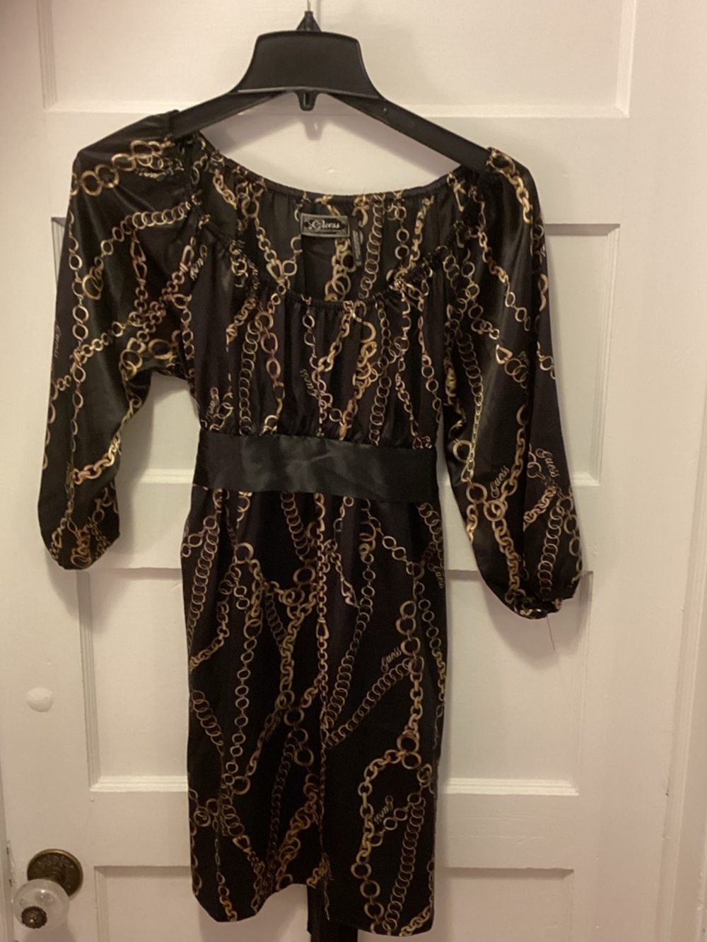 Guess Black Midi Dress with Gold Chain Print